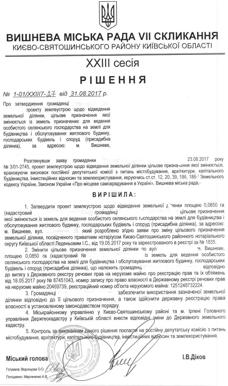 РІШЕННЯ ХХII СЕСІЇ VIІІ СКЛИКАННЯ від 31.08.2017 року